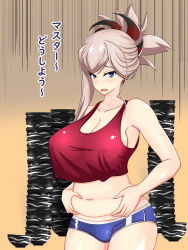 1girl asymmetrical_hair bare_shoulders belly belly_grab blonde_hair blue_eyes blush bowl breasts cleavage earrings fate_(series) from_side glutton hair_ornament halterneck highres huge_breasts jewelry large_breasts looking_to_the_side magatama miyamoto_musashi_(fate) navel open_mouth plump ponytail profile red_shirt shirt translation_request underwear wavy_mouth weight_conscious wlcmt rating:Sensitive score:28 user:danbooru