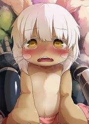  1boy 1other against_wall animal_ears blush body_fur dagashi_(daga2626) embarrassed furry highres looking_at_viewer made_in_abyss mechanical_arms nanachi_(made_in_abyss) open_mouth pov regu_(made_in_abyss) short_hair teeth topless upper_teeth_only whiskers white_hair yellow_eyes  rating:Questionable score:85 user:danbooru