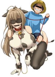 1boy 1girl all_fours amagi_brilliant_park animal_ears animal_print antenna_hair bare_shoulders bdsm bell bit_gag black_thighhighs blindfold bondage bound breast_press breasts brown_hair censored commentary_request covered_erect_nipples cow_ears cow_horns cow_print cow_tail cowbell cuffs elbow_gloves gag gloves grin handcuffs hanging_breasts horns identity_censor large_breasts long_hair pet_play rebake riding sento_isuzu shota shotadom simple_background smaller_dominant smile sweat tail thighhighs white_background rating:Questionable score:74 user:danbooru
