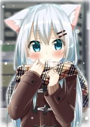 1girl animal_ears blue_eyes blush buttoned_cuffs buttons cacao_(cacao0809) cat_ears coat extra_ears hair_ornament hairclip highres long_hair long_sleeves looking_at_viewer original scarf silver_hair snow snowing solo winter_clothes winter_coat rating:General score:6 user:danbooru