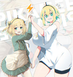  2girls alternate_breast_size amano_pikamee bike_shorts blonde_hair breasts cleavage dress dual_persona flat_chest green_eyes holding_hands huge_breasts looking_at_viewer multiple_girls sharp_teeth short_hair size_difference smile teeth virtual_youtuber voms wide_hips 
