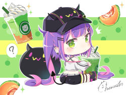  1girl ? baseball_cap bibi_(tokoyami_towa) black_choker black_footwear black_hat black_shorts center-flap_bangs chibi chibi_only choker colored_inner_hair commentary_request creature criss-cross_back-straps crop_top cropped_jacket cup demon_tail disposable_cup double-parted_bangs ear_piercing earclip fake_horns fishnet_thighhighs fishnets from_behind full_body green_eyes hair_ornament hairclip hat highres hololive horned_headwear horns hot jacket long_hair looking_back melon_soda momone_cco multicolored_hair oversized_food oversized_object piercing pink_hair pointy_ears purple_hair shoes shorts sidelocks signature sitting sneakers solo spike_piercing spoken_question_mark streaked_hair sweat tail tail_ornament tail_piercing thigh_strap thighhighs tokoyami_towa tokoyami_towa_(1st_costume) twintails very_long_hair virtual_youtuber white_jacket 