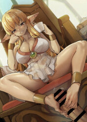  bar_censor bare_legs barefoot blonde_hair book bracelet breasts brown_eyes censored chair cleavage collarbone commission covered_erect_nipples cup dress elf footjob frilled_dress frills gold_bracelet hand_on_own_cheek hand_on_own_face highres holding holding_book holding_cup indoors jewelry large_breasts large_penis long_hair looking_at_viewer penis pixiv_commission pointy_ears serie_(sousou_no_frieren) sitting smile sousou_no_frieren spread_legs steam tamada_heijun teacup thighs toes trembling twitching_penis veins veiny_penis 