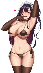 1girl arm_up armpits bad_id bad_pixiv_id bare_shoulders bikini black_choker black_hair breasts brown_eyes brown_gloves brown_thighhighs choker cleavage collarbone cowboy_shot elbow_gloves eyes_visible_through_hair gloves gongba_laoge groin hand_up headdress heart heart-shaped_pupils highres large_breasts legs_together long_hair looking_at_viewer micro_bikini navel original side-tie_bikini_bottom simple_background skindentation solo standing stomach swimsuit symbol-shaped_pupils thighhighs thighs white_background rating:Sensitive score:70 user:danbooru