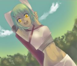  1girl :d armpits arms_up forestmurmurs fuu_(naruto) green_hair looking_at_viewer midriff naruto_(series) naruto_shippuuden open_mouth outdoors smile solo yellow_eyes  rating:Sensitive score:38 user:qscfthnjil