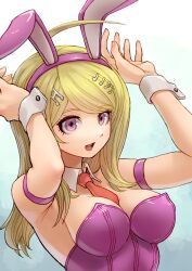  1girl :d absurdres akamatsu_kaede animal_ears arms_up bare_shoulders blonde_hair breasts cleavage danganronpa_(series) danganronpa_v3:_killing_harmony detached_collar fake_animal_ears fortissimo gradient_background hair_ornament highres large_breasts leotard long_hair musical_note musical_note_hair_ornament necktie official_alternate_costume open_mouth orange_necktie pink_leotard playboy_bunny smile solo strapless strapless_leotard teeth upper_teeth_only youko-shima 