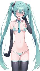 1girl absurdres aqua_eyes aqua_hair aqua_necktie bare_shoulders between_breasts bikini black_gloves black_thighhighs blush breasts breasts_apart cowboy_shot detached_collar elbow_gloves elpuchi gloves groin hair_between_eyes hand_on_own_head hatsune_miku headphones highres long_hair looking_at_viewer micro_bikini navel necktie open_mouth simple_background skindentation small_breasts solo stomach striped_bikini striped_clothes swimsuit thighhighs twintails underboob very_long_hair vocaloid white_background  rating:Sensitive score:11 user:danbooru