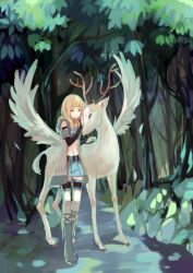 1girl absurdres antlers black_gloves blonde_hair blue_skirt boots braid cape dappled_sunlight day deer deer_antlers elbow_gloves falling_feathers feathered_wings feathers flat_chest flower forest full_body gloves grey_cape grey_footwear highres hime_cut horns long_hair midriff nature navel outdoors path petting pixiv_fantasia pixiv_fantasia_new_world road skirt solo standing sunlight thighlet tree twin_braids winged_animal wings xk_xk yellow_flower
