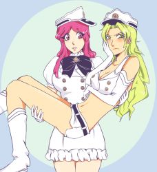  2girls bare_shoulders belt bleach bleach:_the_thousand-year_blood_war blush boots breasts candice_catnipp carrying cleavage dress frown gloves green_eyes green_hair hand_on_own_face hat long_hair looking_at_another meninas_mcallon midriff multiple_girls parted_lips peaked_cap pink_eyes pink_hair princess_carry puffy_sleeves quincy_(bleach) sdei short_shorts shorts sleeveless uniform white_dress white_gloves white_headwear  rating:Sensitive score:27 user:hamsandwich