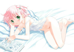  1girl anita_king bed blush bottomless breasts camisole closed_mouth commentary_request female_focus full_body green_eyes head_rest kiya_shii loli looking_at_viewer manga_(object) medium_bangs navel nipples nude on_bed pillow pink_hair r.o.d_the_tv read_or_die short_hair small_breasts smile solo underwear underwear_only white_camisole 