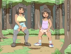 2girls bar_censor black_footwear black_hair blue_dress blue_legwear blush breasts censored clothes_lift crown495 dress dress_lift forest grass grey_legwear highres large_breasts loli long_hair multiple_girls nature open_mouth peeing pubic_hair puddle purple_dress pussy shoes siblings sisters smile sneakers standing tan tanline thighhighs tree white_footwear worm yellow_dress rating:Explicit score:21 user:cpee
