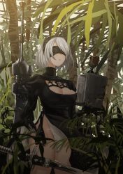 1girl absurdres areola_slip bad_id bad_twitter_id black_dress black_gloves blindfold breasts ciero closed_mouth dress gauntlets gloves headband highres holding holding_weapon jungle large_breasts leotard long_sleeves machinery nature nier_(series) nier:automata outdoors plant see-through short_hair solo sword thighs weapon weapon_in_hand white_hair white_leotard 2b_(nier:automata) rating:Questionable score:6 user:danbooru