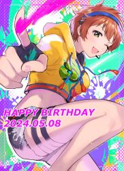  1girl bare_legs belt birthday black_gloves black_shorts blush border breasts commentary_request crop_top dated dutch_angle english_text fingerless_gloves fingernails from_side gloves headset highres hood hood_down hooded_jacket idol idol_clothes idolmaster idolmaster_cinderella_girls idolmaster_cinderella_girls_starlight_stage jacket light_blush long_sleeves looking_at_viewer looking_to_the_side medium_bangs medium_breasts microphone midriff multicolored_background official_alternate_costume one_eye_closed open_mouth outline outside_border pink_nails pointing pointing_at_viewer qqkhoropp short_hair short_shorts shorts smile solo thigh_strap thighs torn_clothes torn_shorts white_outline yellow_eyes yellow_jacket yoshioka_saki 