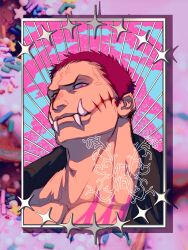  1boy adam&#039;s_apple bara charlotte_katakuri frown head_tilt highres inset_border looking_at_viewer male_focus mewiyev muscular muscular_male one_piece pectorals pink_hair portrait short_hair solo sparkle_background stitches thick_neck tusks veiny_face 