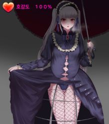 absurdres blush clothes_lift dungeon_and_fighter goth_fashion gothic_lolita highres lolita_fashion mkkam pregnant red_eyes silver_hair silver_luster_tagore skirt skirt_lift thighhighs twintails  rating:Questionable score:27 user:krystalfoxlover