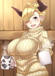10s 1girl :d animal_print blonde_hair blush breasts casual cow_print cup draph granblue_fantasy grey_eyes hair_over_one_eye holding horns laguna_(granblue_fantasy) large_breasts long_hair long_sleeves looking_at_viewer michihasu mug one_eye_covered open_mouth pointy_ears ribbed_sweater short_hair smile solo steam sweater turtleneck upper_body wooden_floor rating:Sensitive score:37 user:danbooru