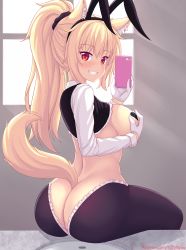 1girl animal_ear_fluff animal_ears artist_self-insert ass black_scrunchie black_vest blonde_hair blush breasts cat_ears cat_girl cat_tail cellphone commentary counter covered_erect_nipples crop_top english_commentary fake_animal_ears gloves grin high_ponytail highres holding holding_phone indoors large_breasts leotard meme_attire nottytiffy original pasties patreon_username phone playboy_bunny rabbit_ears rabbit_girl red_eyes reverse_bunnysuit reverse_outfit scrunchie selfie shirt sidelocks sink slit_pupils smartphone smile tail tiffy_(nottytiffy) vest watermark web_address white_gloves white_shirt window rating:Questionable score:88 user:danbooru