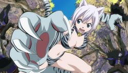 1girl 4boys animal_ears animated animated_gif battle blue_eyes breasts cat_ears cat_tail day fairy_tail lisanna_strauss multiple_boys navel outdoors tail white_hair rating:Sensitive score:66 user:SuperDude