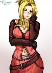  1girl 2018 belt blonde_hair blue_eyes blush breasts cleavage collarbone dated female_focus final_fantasy final_fantasy_viii glasses gloves gradient_background large_breasts lips looking_at_viewer mina_cream navel quistis_trepe simple_background upper_body  rating:Sensitive score:43 user:LuccaAshtear12