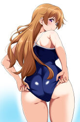  1girl absurdres adjusting_clothes adjusting_swimsuit ass blue_one-piece_swimsuit blush brown_hair commentary_request from_behind highres konoe_kanata long_hair looking_at_viewer looking_back love_live! love_live!_nijigasaki_high_school_idol_club one-piece_swimsuit purple_eyes smile solo swimsuit wet white_background yopparai_oni 
