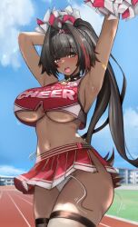  1girl ahoge arms_up bay_(nikke) black_hair black_thighhighs blush breasts cheerleader collar crop_top dark-skinned_female dark_skin facial_tattoo goddess_of_victory:_nikke grey_eyes hair_intakes hairband large_breasts long_hair looking_at_viewer mole mole_on_breast mole_on_stomach mole_under_eye mole_under_mouth multicolored_hair navel open_mouth panties pom_pom_(cheerleading) ponytail raskasar red_hair red_shirt red_skirt sharp_teeth shirt single_thighhigh skirt sky solo spiked_collar spikes star_tattoo streaked_hair sweat tattoo teeth thigh_strap thighhighs underboob underwear white_panties 