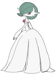 1girl 3_(sangatu) bare_shoulders bob_cut closed_mouth colored_skin creatures_(company) dress elbow_gloves expressionless female_focus flat_chest flat_color from_side game_freak gardevoir gen_3_pokemon gloves green_hair hair_over_one_eye long_dress looking_to_the_side mega_gardevoir mega_pokemon nintendo one_eye_covered pokemon pokemon_(creature) red_eyes short_hair simple_background solo strapless strapless_dress white_background white_dress white_gloves white_skin