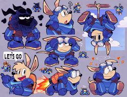  1boy absurdres armor black_eyes collage commentary dizzy english_commentary english_text flying goggles highres jetpack lumspark male_focus no_headwear photo-referenced pixel_art rocket_knight_adventures sparkster 