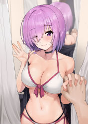  1boy 1girl ayul_(ayulneri_92) bangs bare_shoulders bikini black_choker blush breasts choker cleavage closed_mouth collarbone eyebrows_visible_through_hair fate/grand_order fate_(series) front-tie_bikini front-tie_top hair_over_one_eye halterneck hand_holding highres interlocked_fingers large_breasts light_purple_hair looking_at_viewer mash_kyrielight navel one_eye_closed pov purple_eyes purple_hair short_hair side-tie_bikini smile solo_focus strap_pull swimsuit swimsuit_of_perpetual_summer swimwear white_bikini 