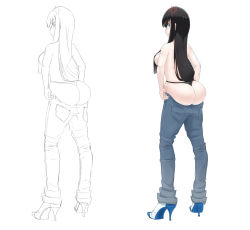 10s 1girl anger_vein angry ass blaccura black_hair black_panties blue_eyes breasts clothes_pull denim dressing eyebrows high_heels highres huge_ass inconvenient_ass jeans kill_la_kill kiryuuin_satsuki long_hair looking_at_viewer looking_back panties pants pants_pull pulling_own_clothes sideboob sketch solo stiletto_heels thong undersized_clothes underwear white_background rating:Questionable score:103 user:danbooru
