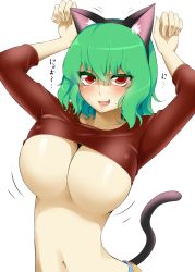  1girl animal_ears arms_up blush breasts cat_ears cat_tail fake_animal_ears fake_tail female_focus green_hair highres kazami_yuuka large_breasts mattari_yufi navel open_mouth paw_pose red_eyes short_hair simple_background smile solo tail touhou translated underboob white_background  rating:Questionable score:65 user:danbooru