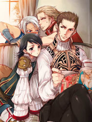  00s 4boys age_difference armor balflear basch_fon_ronsenburg blonde_hair blue_eyes blush breasts brown_eyes brown_hair cleavage coffee cup drink earrings final_fantasy final_fantasy_xii gauntlets gloves jewelry larsa_ferrinas_solidor leather leather_pants magazine_(object) male_focus multiple_boys pants scar shirt vaan_(ff12) vest white_hair white_shirt  rating:Sensitive score:16 user:danbooru