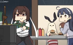 2girls ahoge aircraft airplane alternate_costume animalization black_hair black_pants blue_pants brown_eyes brown_hair burger commentary_request dated e16a_zuiun food grey_sweater hamu_koutarou headband highres hyuuga_(kancolle) kantai_collection ketchup_bottle long_hair mayonnaise_bottle multiple_girls mustard_bottle one-hour_drawing_challenge pants seal_(animal) shimakaze_(kancolle) shimakaze_(seal) short_hair sitting smile squeeze_bottle sweater television toy track_pants tray ushio_(kancolle) watching_television white_headband white_sweater