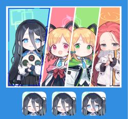 4girls absurdly_long_hair animal_ear_headphones animal_ears aris_(blue_archive) black_hair black_hairband black_shorts black_skirt blonde_hair blue_archive blue_bow blue_eyes blue_necktie blush bow closed_eyes closed_mouth collared_shirt fake_animal_ears game_development_department_(blue_archive) green_eyes green_halo hair_bow hairband halo headphones jacket long_hair long_sleeves midori_(blue_archive) momoi_(blue_archive) multiple_girls necktie one_side_up open_mouth orange_halo pink_halo pleated_skirt red_bow red_eyes red_hair ringed_eyes shirt short_hair shorts siblings signature sisters skirt smile tautiki twins very_long_hair white_jacket white_shirt yuzu_(blue_archive) 