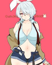  1girl :3 animal_ears belt black_panties breasts brown_belt brown_jacket cleavage closed_mouth collarbone collared_shirt cowboy_shot denim denim_shorts hair_over_one_eye hand_on_own_hip highleg highleg_panties highres jacket jacket_partially_removed large_breasts looking_at_viewer micro_shorts navel necktie ohitori_(o_hitori_sama_1) omochi_(winterz.) open_belt open_fly panties partially_unbuttoned rabbit_ears rabbit_girl red_background red_eyes shirt short_hair shorts simple_background sleeveless sleeveless_shirt solo standing stomach thigh_gap translation_request underwear undone_necktie virtual_youtuber white_shirt winterz. 
