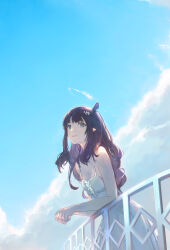  1girl against_railing alternate_costume alternate_hairstyle blue_eyes blue_sky blunt_bangs breasts cloud day dress hair_ornament hair_over_shoulder hairclip hashtag-only_commentary highres hololive hololive_english long_dress long_hair looking_up ninomae_ina&#039;nis open_mouth outdoors pointy_ears purple_hair railing sidelocks sky sleeveless sleeveless_dress small_breasts solo sundress tallgeese_(lgeesel) tentacle_hair virtual_youtuber wavy_hair white_dress 