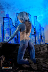  1girl ass ayanami_rei blue_hair bodypaint breasts cosplay female_focus naked_paint neon_genesis_evangelion nude painted_clothes photo_(medium) short_hair small_breasts solo  rating:Questionable score:19 user:Giegue