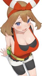 1girl arm_support bare_arms bare_shoulders bike_shorts blush breasts brown_hair cleavage commentary creatures_(company) fanny_pack game_freak hair_ornament hairband highres large_breasts long_hair looking_at_viewer may_(pokemon) nekoshoko nintendo open_mouth pokemon pokemon_oras purple_eyes shiny_skin shorts simple_background sitting sleeveless smile solo white_background white_shorts rating:Sensitive score:111 user:danbooru