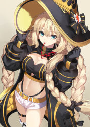  1girl aesc_(9th_anniversary)_(fate) aesc_(fate) blonde_hair blue_eyes blush braid breasts cleavage fate/grand_order fate_(series) glasses hat highleg highleg_panties large_breasts long_hair long_sleeves looking_at_viewer micro_shorts mouth_hold neko_daruma official_alternate_costume panties shorts solo thighhighs twin_braids underwear unworn_eyewear witch_hat 