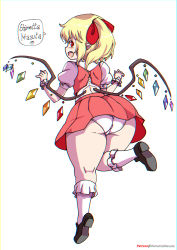 1girl artist_name ass blonde_hair blush dress fang female_focus flandre_scarlet flat_chest full_body hair_ribbon highres huge_ass kyojiri_loli loli long_hair looking_at_viewer looking_back open_mouth panties pantyshot plump pointy_ears profile puffy_short_sleeves puffy_sleeves red_dress ribbon shimetta_masuta shoe_soles shoes short_sleeves simple_background solo speech_bubble standing standing_on_one_leg thick_thighs thighs tiptoes touhou underwear vampire watermark web_address white_background white_panties white_sleeves wide_hips wings rating:Questionable score:82 user:Domestic_Importer