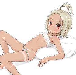 1girl bangs_pinned_back bare_arms bare_legs bare_shoulders barefoot bikini_tan body_writing bra bra_lift brown_hair commentary_request facial_mark female_focus forehead heart highres loli looking_at_viewer lying navel on_back original panties panty_pull pillow red_eyes shadow solo sweat tan tanline underwear white_background white_bra white_panties yakihebi rating:Questionable score:161 user:danbooru