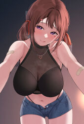  1girl :q absurdres armpit_crease bandaid bandaid_on_arm bang_dream! bare_arms bare_shoulders black_panties black_shirt blue_shorts blush breasts brown_hair buttons cleavage closed_mouth collarbone commentary_request covered_collarbone cowboy_shot crop_top denim denim_shorts facial_mark gradient_background grey_background hair_ornament hair_ribbon hairclip halterneck heart heart_facial_mark heart_hair_ornament heart_necklace heavy_breathing highleg highleg_panties highres jewelry large_breasts leaning_forward looking_at_viewer low_twintails medium_hair midriff navel necklace official_alternate_hairstyle open_clothes open_shorts outstretched_arms panties ptal purple_eyes raised_eyebrows reaching reaching_towards_viewer red_ribbon ribbon see-through shirt short_twintails shorts sleeveless sleeveless_shirt smile solo standing steaming_body stomach string_panties sweat tongue tongue_out toyama_kasumi twintails underwear 