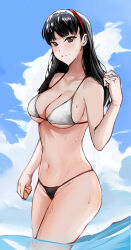  1girl absurdres alternate_breast_size amagi_yukiko bikini black_hair blue_sky breasts cleavage closed_mouth cloud cowboy_shot day grey_eyes hairband hand_up highres large_breasts long_hair looking_at_viewer mismatched_bikini navel nero_watch outdoors persona persona_4 red_hairband sky solo stomach swimsuit wading water wet white_bikini 