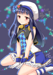  1girl argyle argyle_clothes argyle_dress arm_support bare_shoulders between_legs blue_background blue_dress blue_hair blue_ribbon blue_wrist_cuffs blunt_bangs blurry blurry_background blush boots bow checkered_ribbon closed_mouth dated dot_nose dress epaulettes flat_chest frilled_dress frills gloves hair_bow hair_ornament hair_ribbon hand_between_legs heart heart_hair_ornament idolmaster idolmaster_cinderella_girls idolmaster_cinderella_girls_starlight_stage kisekisaki long_hair looking_at_viewer red_eyes ribbon sajo_yukimi signature sitting sleeveless sleeveless_dress smile solo sparkle twitter_username two-tone_footwear wariza white_gloves wrist_cuffs 