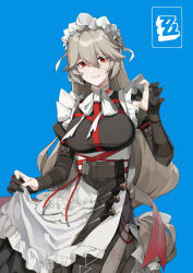  1girl absurdres alexandrina_sebastiane apron black_dress breasts claw_pose dress gloves grey_hair hair_between_eyes highres large_breasts liuleiwowotou long_hair looking_at_viewer maid_headdress parted_lips partially_fingerless_gloves red_eyes simple_background skirt_hold solo very_long_hair white_apron zenless_zone_zero 