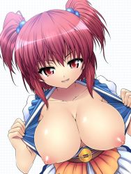  1girl belt breasts cleavage female_focus hair_bobbles hair_ornament highres huge_breasts kemu nipples onozuka_komachi open_clothes puffy_nipples red_eyes red_hair short_hair solo touhou twintails two_side_up  rating:Questionable score:78 user:danbooru