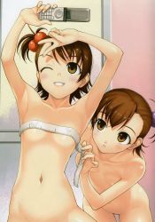  2girls armpits arms_up bent_over blush brown_hair bust_measuring cellphone collarbone flat_chest futami_ami futami_mami grin hair_bobbles hair_ornament highres idolmaster loli measuring multiple_girls navel nude one_eye_closed parted_lips phone ponytail siblings side_ponytail sisters smile standing tanaka_shoutarou tape_measure teeth twins v wink yellow_eyes  rating:Questionable score:107 user:danbooru