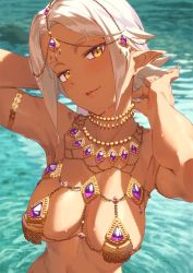 1girl :d armlet armpits bare_shoulders bikini blush breasts breasts_apart circlet collar covered_erect_nipples dark-skinned_female dark_skin day elf gem gold head_tilt highres jewelry kinta_(distortion) light_smile looking_at_viewer lots_of_jewelry medium_breasts micro_bikini necklace open_mouth original outdoors parted_bangs pointy_ears purple_gemstone revealing_clothes short_hair sideboob sidelocks smile solo stomach swimsuit wading water wet white_hair yellow_eyes rating:Questionable score:61 user:danbooru