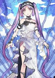  1girl absurdly_long_hair akira_(kaned_fools) asakawa_yuu bare_shoulders beads black_ribbon bracelet choker corsage dress euryale_(fate) eyebrows fate/grand_order fate/hollow_ataraxia fate_(series) hair_ornament hairband jewelry legband lolita_hairband long_hair looking_at_viewer official_art open_mouth pink_eyes pink_hair purple_eyes purple_hair resized ribbon ribbon_trim solo strapless strapless_dress twintails upscaled very_long_hair white_dress 