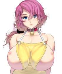  1girl bare_shoulders bell blue_eyes breasts breasts_out collar collarbone cum cum_in_mouth highres kouno_(masao) large_breasts lips long_hair looking_at_viewer mature_female neck_bell nipples original pink_hair ponytail simple_background solo upper_body white_background  rating:Explicit score:70 user:danbooru