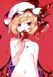 1girl absurdres apple blonde_hair blood crystal fangs female_focus flandre_scarlet flat_chest food fruit hat highres holding holding_food holding_fruit ke-ta loli looking_at_viewer mob_cap navel nipples nude open_mouth red_background red_eyes short_hair simple_background solo swept_bangs tagme touhou upper_body white_hat wings yonic_symbol rating:Questionable score:60 user:DrFumiya